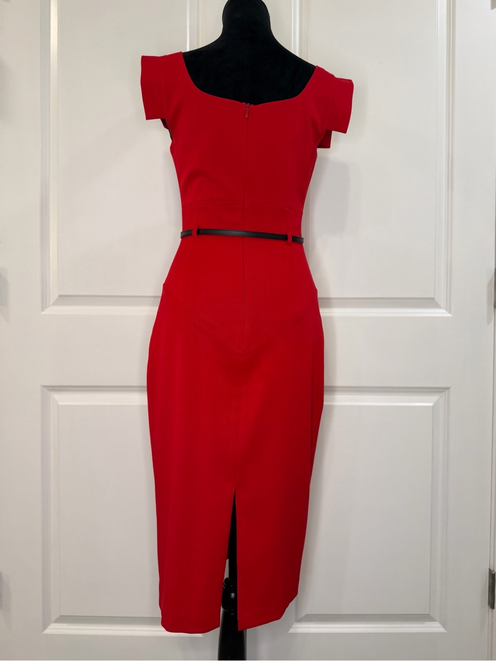 Black Halo Red Midi Sheath Dress with Slim Black Belt Size 2 - Picture 3 of 16